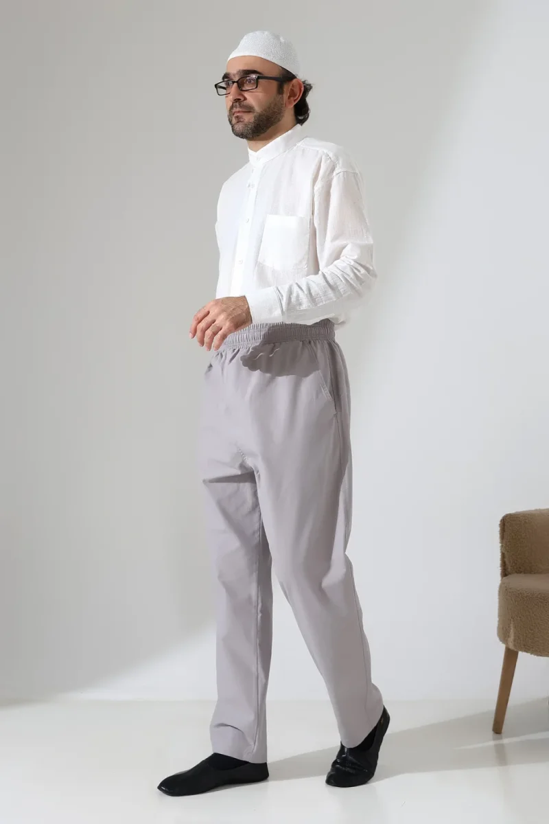 Erkek Lastikli Bel Cepli Hac Umre Keten Şalvar Pantolon - Gri (VŞN) - 3