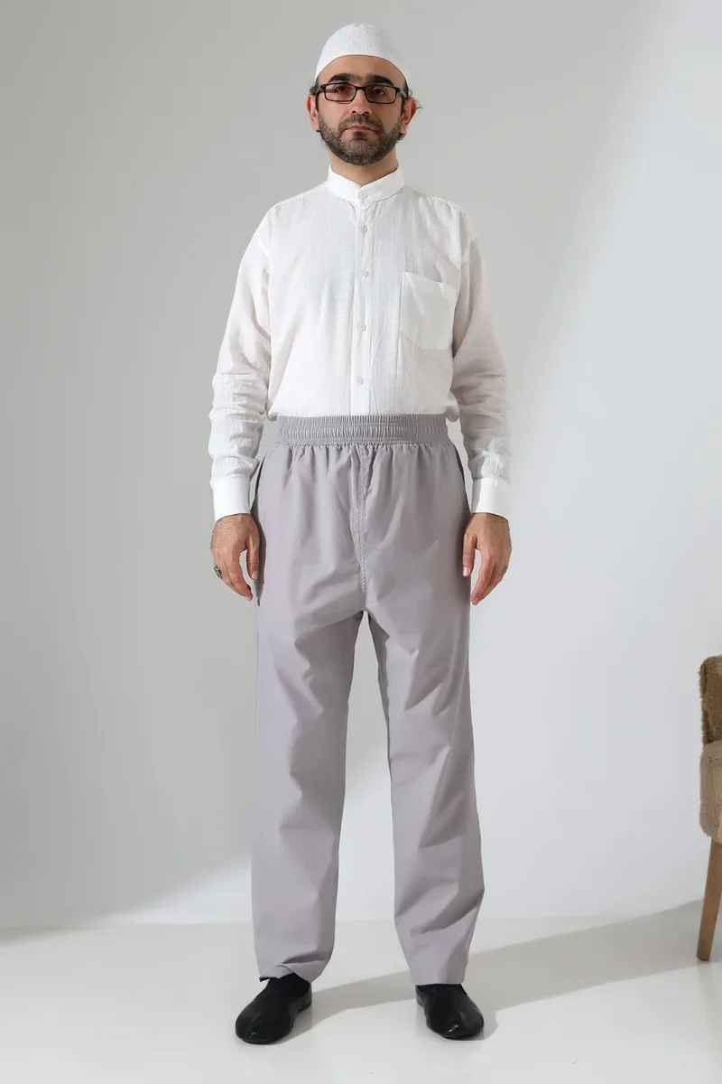 Erkek Lastikli Bel Cepli Hac Umre Keten Şalvar Pantolon - Gri (VŞN) - 4