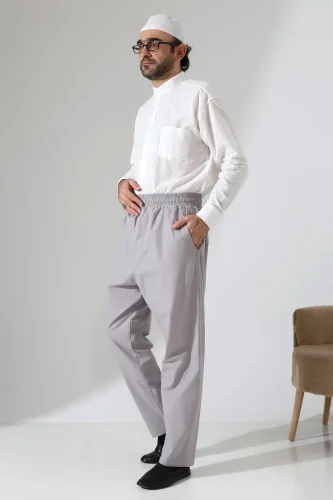 Erkek Lastikli Bel Cepli Hac Umre Keten Şalvar Pantolon - Gri (VŞN) - 5