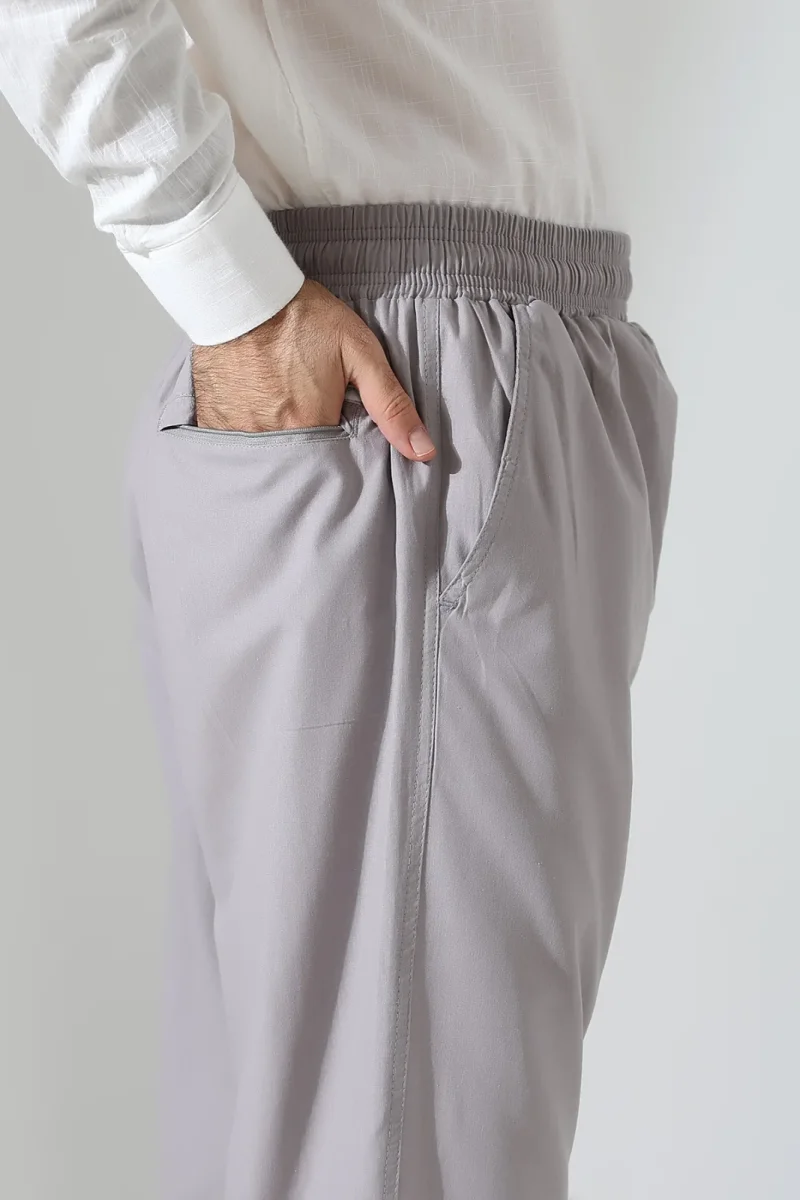 Erkek Lastikli Bel Cepli Hac Umre Keten Şalvar Pantolon - Gri (VŞN) - 7