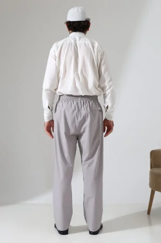 Erkek Lastikli Bel Cepli Hac Umre Keten Şalvar Pantolon - Gri (VŞN) - 8