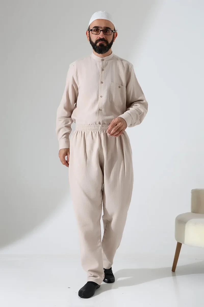Erkek Lastikli Bel Cepli Hac Umre Müslin Pantolon - Bej (ANS) - 4