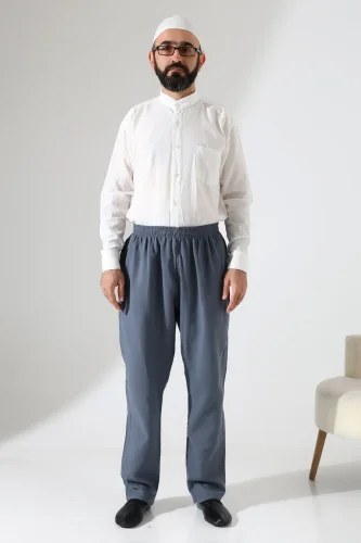 Erkek Lastikli Bel Cepli Hac Umre Müslin Pantolon - Füme (ANS) - 3