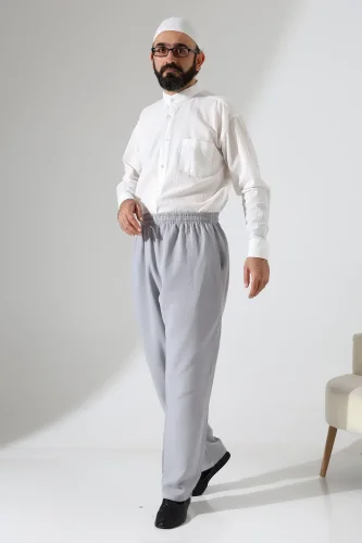 Erkek Lastikli Bel Cepli Hac Umre Müslin Pantolon - Gri (ANS) - 4