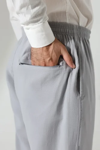Erkek Lastikli Bel Cepli Hac Umre Müslin Pantolon - Gri (ANS) - 5