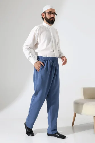 Erkek Lastikli Bel Cepli Hac Umre Müslin Pantolon - Mavi (ANS) - 2
