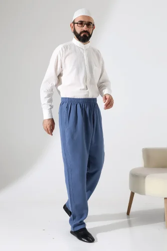 Erkek Lastikli Bel Cepli Hac Umre Müslin Pantolon - Mavi (ANS) - 5
