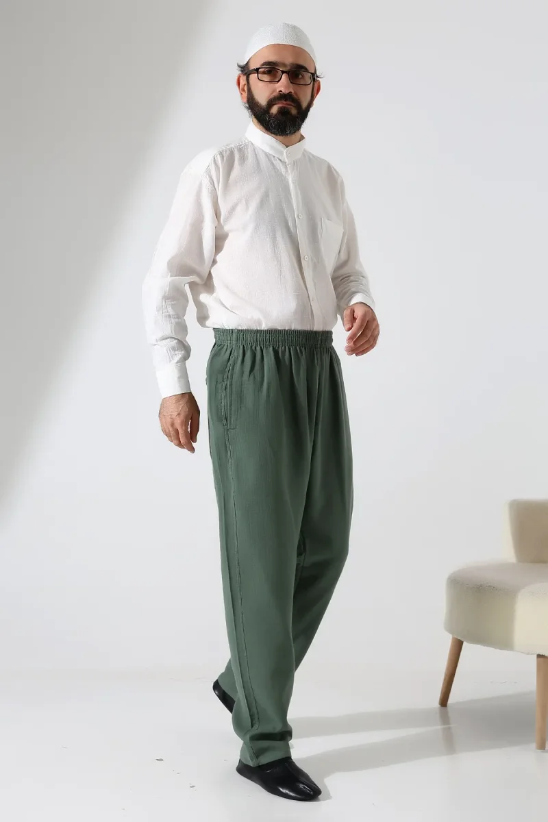 Erkek Lastikli Bel Cepli Hac Umre Müslin Pantolon - Yeşil (ANS) - 2