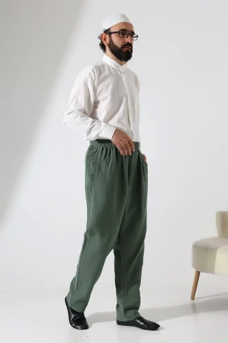Erkek Lastikli Bel Cepli Hac Umre Müslin Pantolon - Yeşil (ANS) - 3
