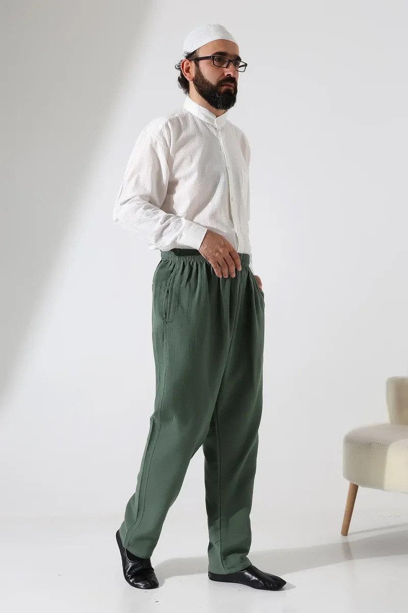 Erkek Lastikli Bel Cepli Hac Umre Müslin Pantolon - Yeşil (ANS) - 3