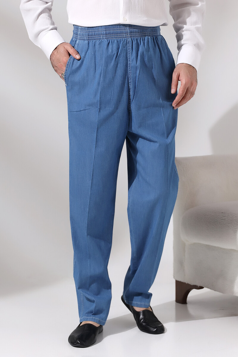 Erkek Mavi Çınar Beli Lastikli Rahat Kesim Kot Şalvar Pantolon - 1