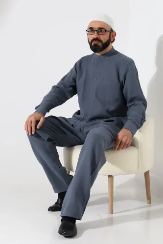 Erkek Müslin Hakim Yaka Cepli Gömlek Pantolon İkili Takım, Hac Umre Kıyafeti - Füme (ANS) - 7