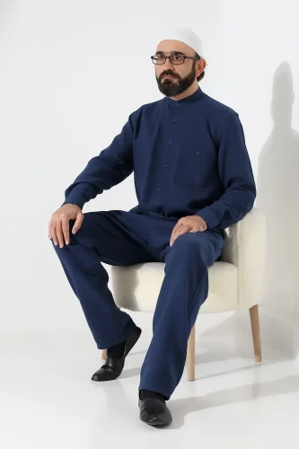 Erkek Müslin Hakim Yaka Cepli Gömlek Pantolon İkili Takım, Hac Umre Kıyafeti - Lacivert (ANS) - 6