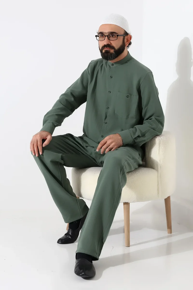 Erkek Müslin Hakim Yaka Cepli Gömlek Pantolon İkili Takım, Hac Umre Kıyafeti - Yeşil (ANS) - 7