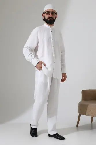 Erkek Müslin Hakim Yaka Gömlek Pantolon İkili Takım, Modern Hac Umre Kıyafeti - Beyaz (VŞN) 