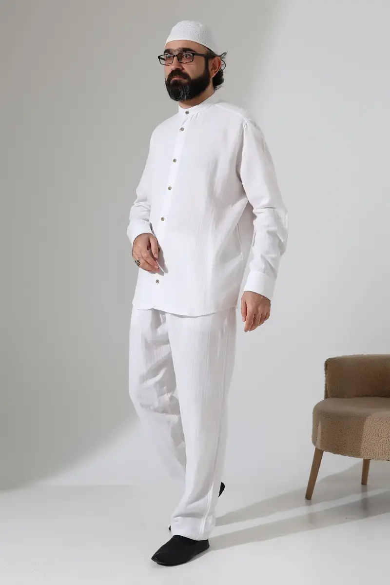 Erkek Müslin Hakim Yaka Gömlek Pantolon İkili Takım, Modern Hac Umre Kıyafeti - Beyaz (VŞN) - 2