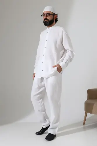 Erkek Müslin Hakim Yaka Gömlek Pantolon İkili Takım, Modern Hac Umre Kıyafeti - Beyaz (VŞN) - 3