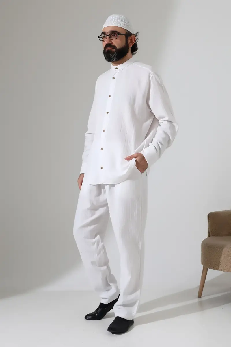 Erkek Müslin Hakim Yaka Gömlek Pantolon İkili Takım, Modern Hac Umre Kıyafeti - Beyaz (VŞN) - 3