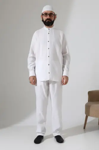 Erkek Müslin Hakim Yaka Gömlek Pantolon İkili Takım, Modern Hac Umre Kıyafeti - Beyaz (VŞN) - 4