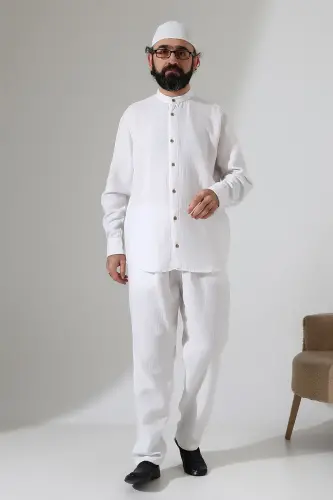 Erkek Müslin Hakim Yaka Gömlek Pantolon İkili Takım, Modern Hac Umre Kıyafeti - Beyaz (VŞN) - 5
