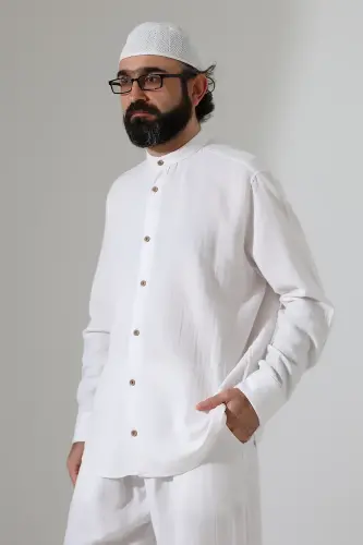Erkek Müslin Hakim Yaka Gömlek Pantolon İkili Takım, Modern Hac Umre Kıyafeti - Beyaz (VŞN) - 6