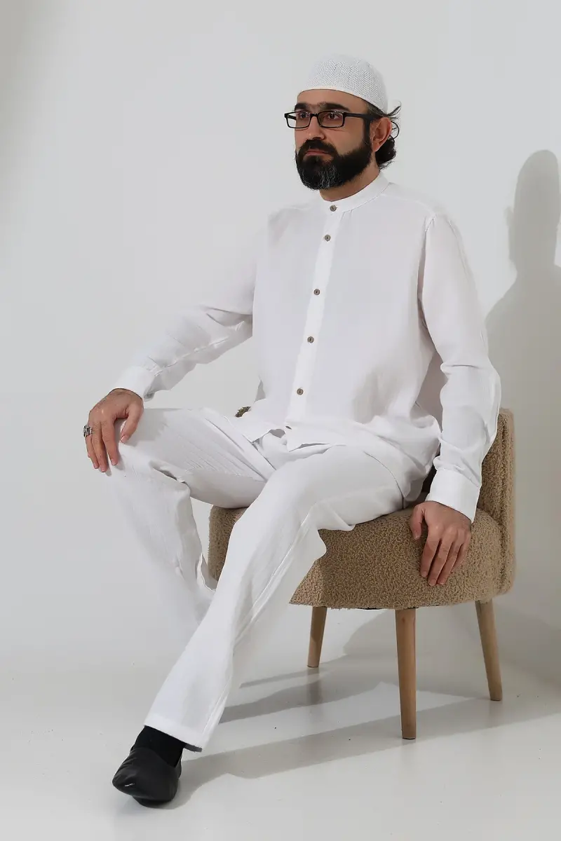 Erkek Müslin Hakim Yaka Gömlek Pantolon İkili Takım, Modern Hac Umre Kıyafeti - Beyaz (VŞN) - 7