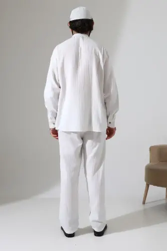 Erkek Müslin Hakim Yaka Gömlek Pantolon İkili Takım, Modern Hac Umre Kıyafeti - Beyaz (VŞN) - 8