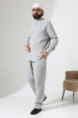 Erkek Müslin Hakim Yaka Gömlek Pantolon İkili Takım, Modern Hac Umre Kıyafeti - Gri (VŞN) 