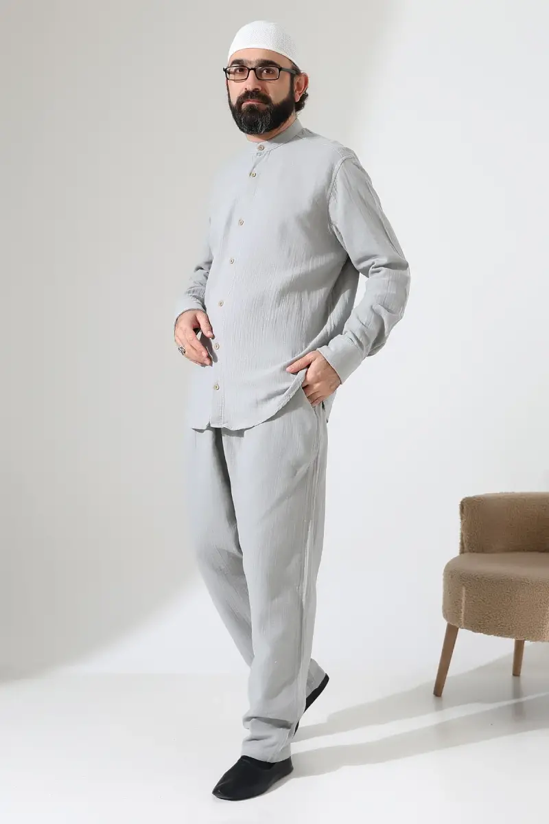 Erkek Müslin Hakim Yaka Gömlek Pantolon İkili Takım, Modern Hac Umre Kıyafeti - Gri (VŞN) - 1