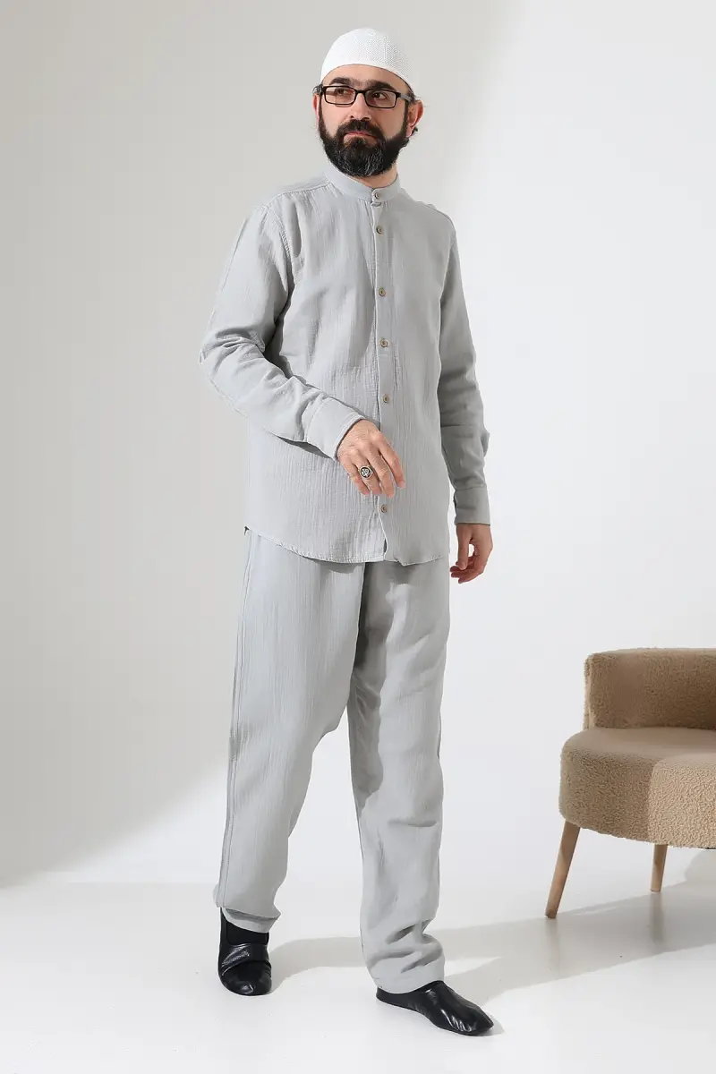Erkek Müslin Hakim Yaka Gömlek Pantolon İkili Takım, Modern Hac Umre Kıyafeti - Gri (VŞN) - 2
