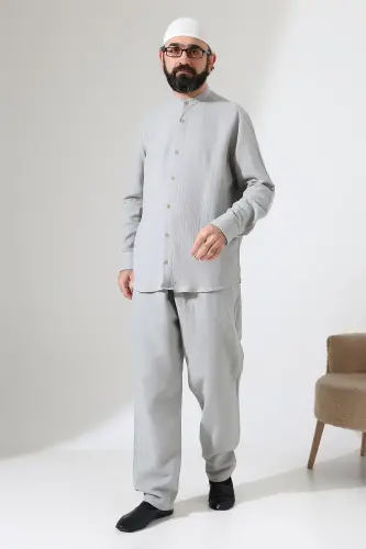 Erkek Müslin Hakim Yaka Gömlek Pantolon İkili Takım, Modern Hac Umre Kıyafeti - Gri (VŞN) - 3