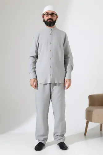 Erkek Müslin Hakim Yaka Gömlek Pantolon İkili Takım, Modern Hac Umre Kıyafeti - Gri (VŞN) - 4