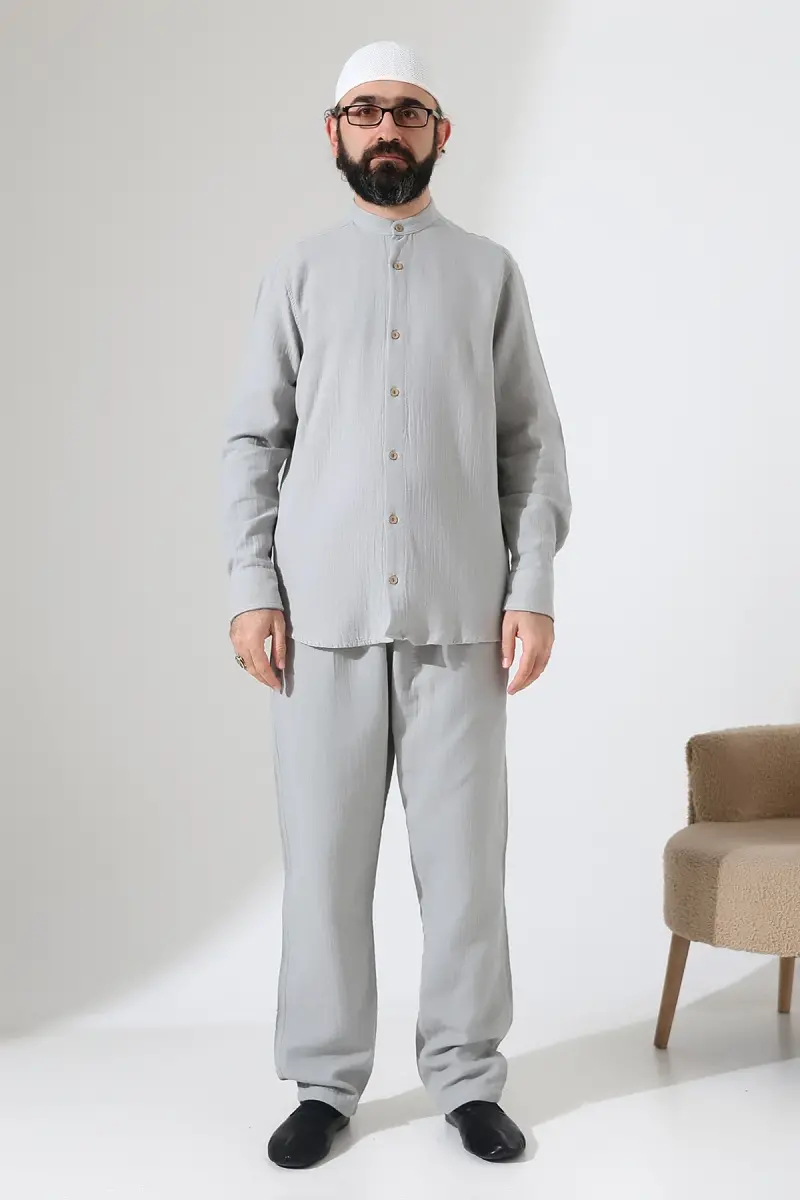 Erkek Müslin Hakim Yaka Gömlek Pantolon İkili Takım, Modern Hac Umre Kıyafeti - Gri (VŞN) - 4