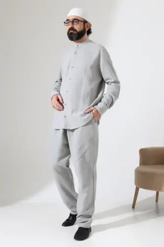 Erkek Müslin Hakim Yaka Gömlek Pantolon İkili Takım, Modern Hac Umre Kıyafeti - Gri (VŞN) - 5
