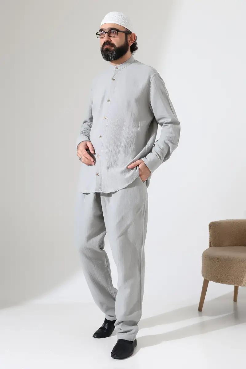 Erkek Müslin Hakim Yaka Gömlek Pantolon İkili Takım, Modern Hac Umre Kıyafeti - Gri (VŞN) - 5