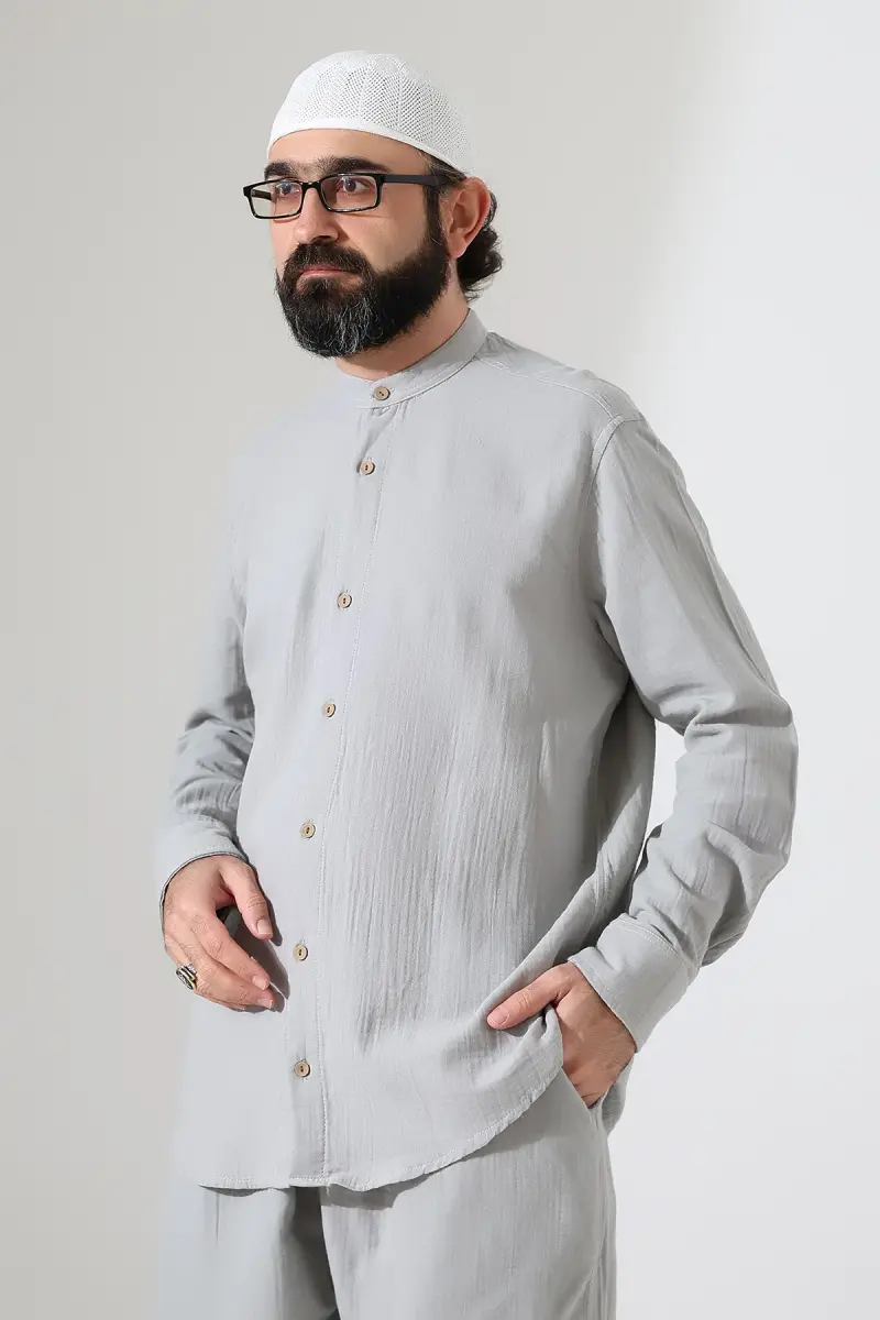 Erkek Müslin Hakim Yaka Gömlek Pantolon İkili Takım, Modern Hac Umre Kıyafeti - Gri (VŞN) - 6
