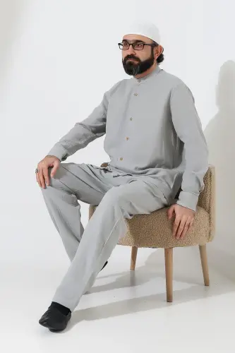 Erkek Müslin Hakim Yaka Gömlek Pantolon İkili Takım, Modern Hac Umre Kıyafeti - Gri (VŞN) - 7