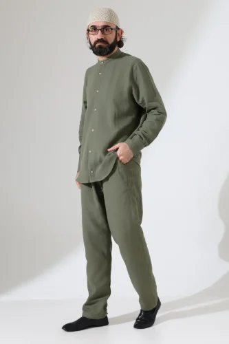 Erkek Müslin Hakim Yaka Gömlek Pantolon İkili Takım, Modern Hac Umre Kıyafeti - Haki Yeşil (VŞN) 
