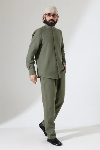 Erkek Müslin Hakim Yaka Gömlek Pantolon İkili Takım, Modern Hac Umre Kıyafeti - Haki Yeşil (VŞN) - 2