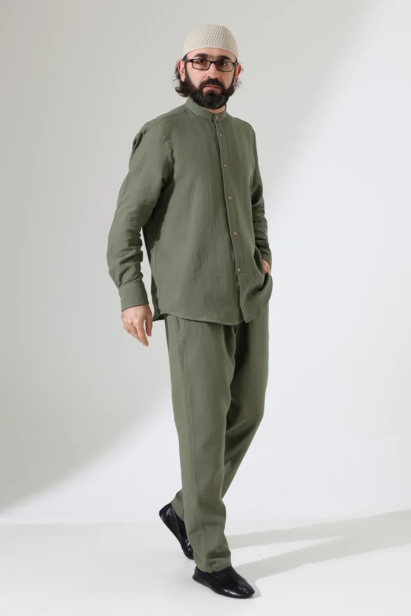 Erkek Müslin Hakim Yaka Gömlek Pantolon İkili Takım, Modern Hac Umre Kıyafeti - Haki Yeşil (VŞN) - 2