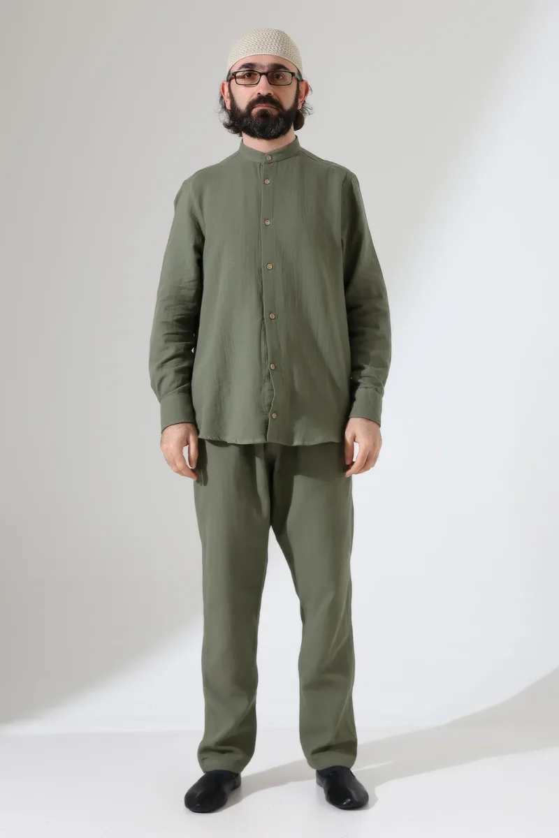 Erkek Müslin Hakim Yaka Gömlek Pantolon İkili Takım, Modern Hac Umre Kıyafeti - Haki Yeşil (VŞN) - 3