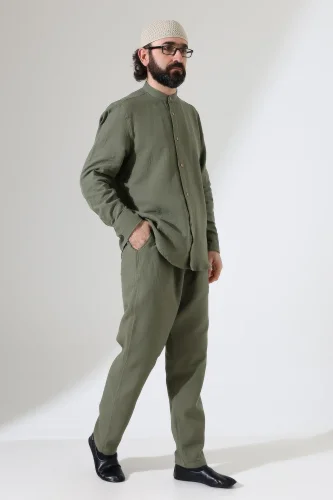 Erkek Müslin Hakim Yaka Gömlek Pantolon İkili Takım, Modern Hac Umre Kıyafeti - Haki Yeşil (VŞN) - 4