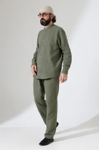 Erkek Müslin Hakim Yaka Gömlek Pantolon İkili Takım, Modern Hac Umre Kıyafeti - Haki Yeşil (VŞN) - 5