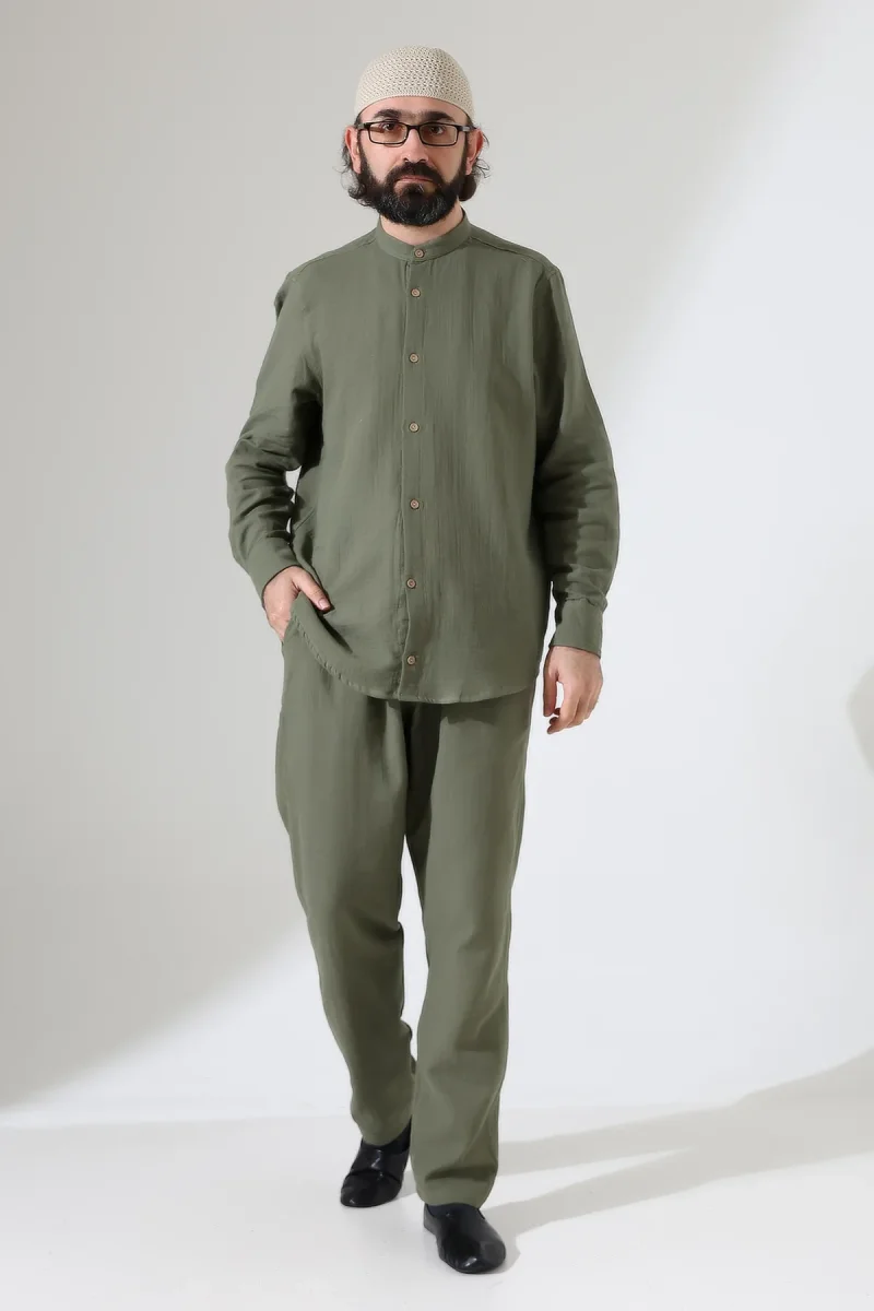 Erkek Müslin Hakim Yaka Gömlek Pantolon İkili Takım, Modern Hac Umre Kıyafeti - Haki Yeşil (VŞN) - 6