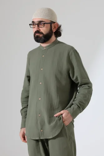 Erkek Müslin Hakim Yaka Gömlek Pantolon İkili Takım, Modern Hac Umre Kıyafeti - Haki Yeşil (VŞN) - 7