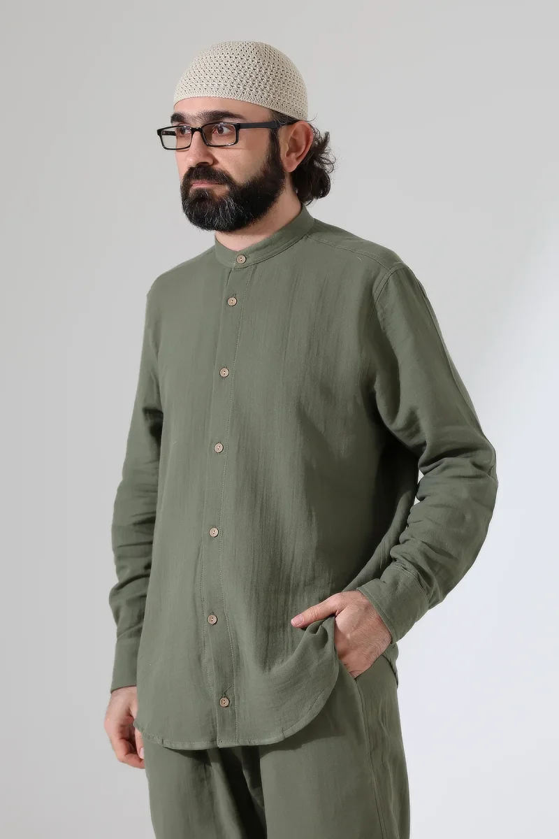 Erkek Müslin Hakim Yaka Gömlek Pantolon İkili Takım, Modern Hac Umre Kıyafeti - Haki Yeşil (VŞN) - 7