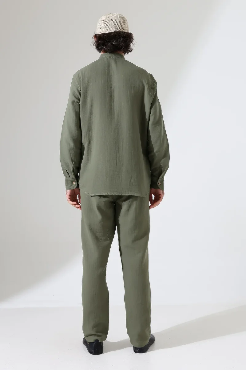Erkek Müslin Hakim Yaka Gömlek Pantolon İkili Takım, Modern Hac Umre Kıyafeti - Haki Yeşil (VŞN) - 8