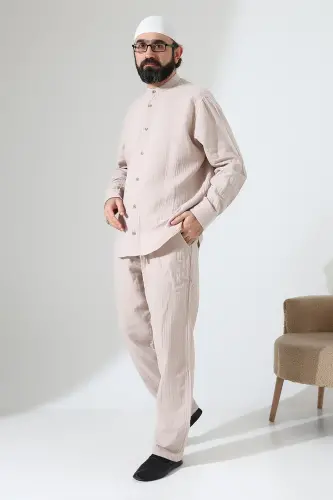 Erkek Müslin Hakim Yaka Gömlek Pantolon İkili Takım, Modern Hac Umre Kıyafeti - Krem (VŞN) - 1