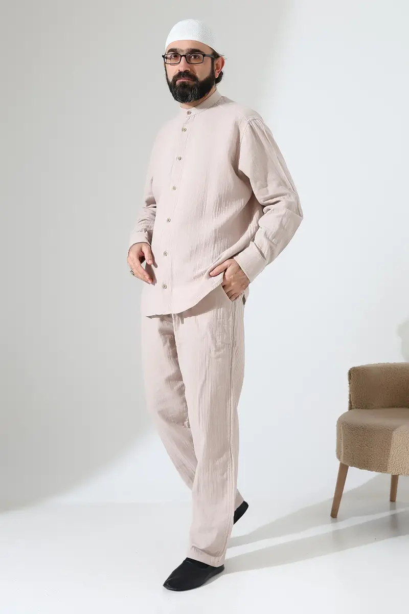 Erkek Müslin Hakim Yaka Gömlek Pantolon İkili Takım, Modern Hac Umre Kıyafeti - Krem (VŞN) - 1
