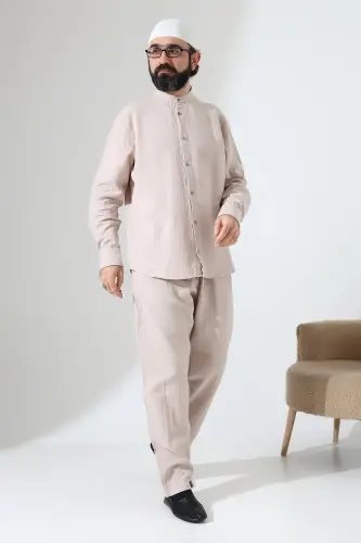 Erkek Müslin Hakim Yaka Gömlek Pantolon İkili Takım, Modern Hac Umre Kıyafeti - Krem (VŞN) - ihvanonline (1)